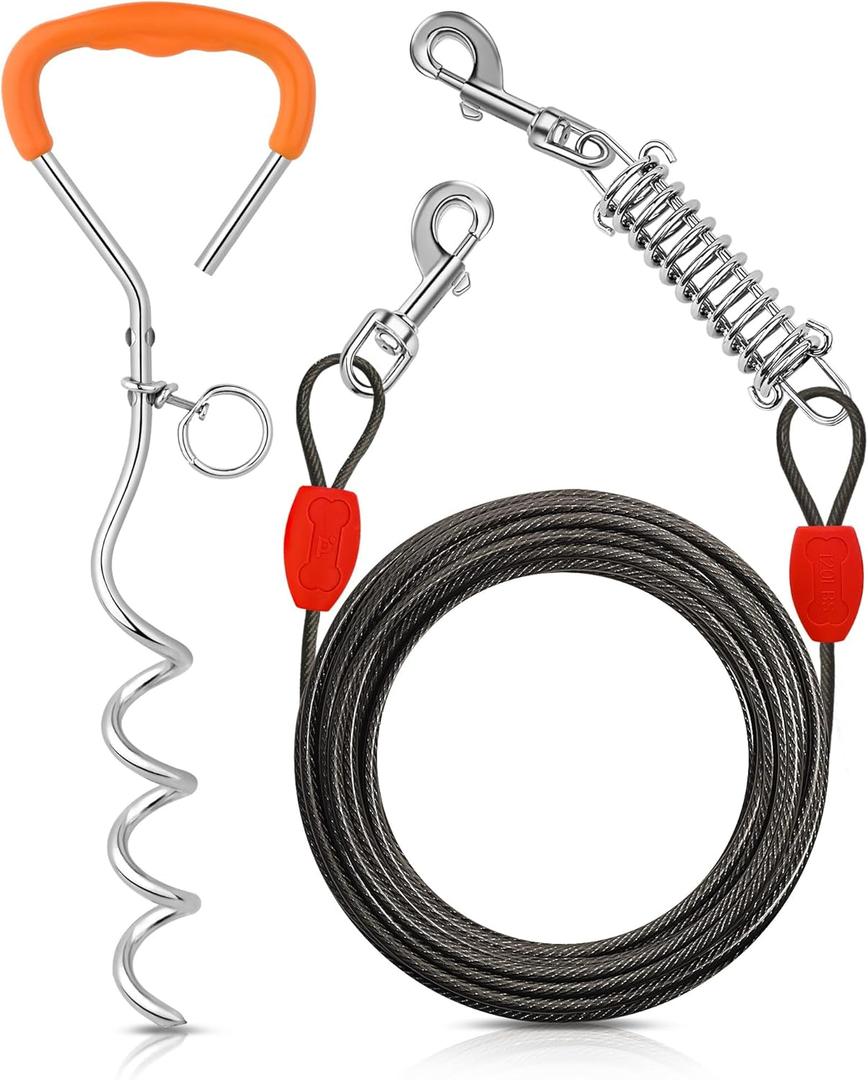 Petbobi Dog Tie-Out Cable and Stake - 40ft Heavy Duty Cable with Spring, No Tangle, 16in Ground Stake, Ideal for Yard, Camping and Beach, Suitable for Medium to Large Dogs Up to 120 lbs, Black