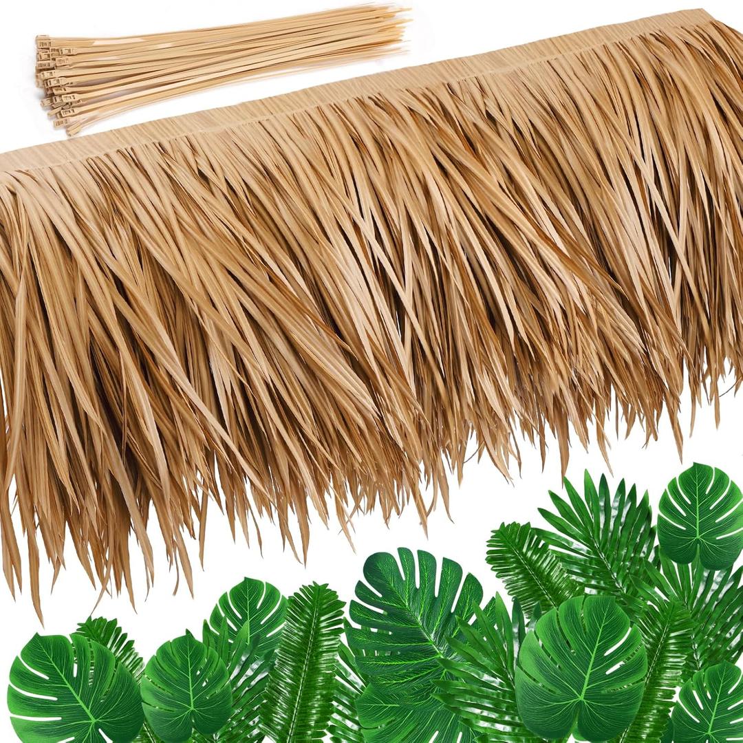 16.4ft Thatch Roof Rolls with 36 Pcs Palm Leaves Artificial Tiki Hut Grass Skirting Roof Green Fake Palm Leaf for Tiki Bars Gardens Fence Hawaiian Luau Party Decoration