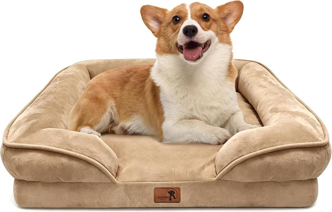 Spotted Play Orthopedic Dog Bed with Sides - Sofa Beds for Medium Dogs, Supportive Foam Pet Couch Bed with Washable Removable Cover, Waterproof Lining and Non-Slip Bottom, Brown - M