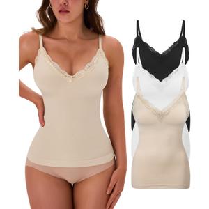 EUYZOU Womens Tummy Control Shapewear Tank Tops Seamless V-Neck Compression Tank Tops Body Shaper Camisole (X-Large, Lace-black/White/Nude 3pk)