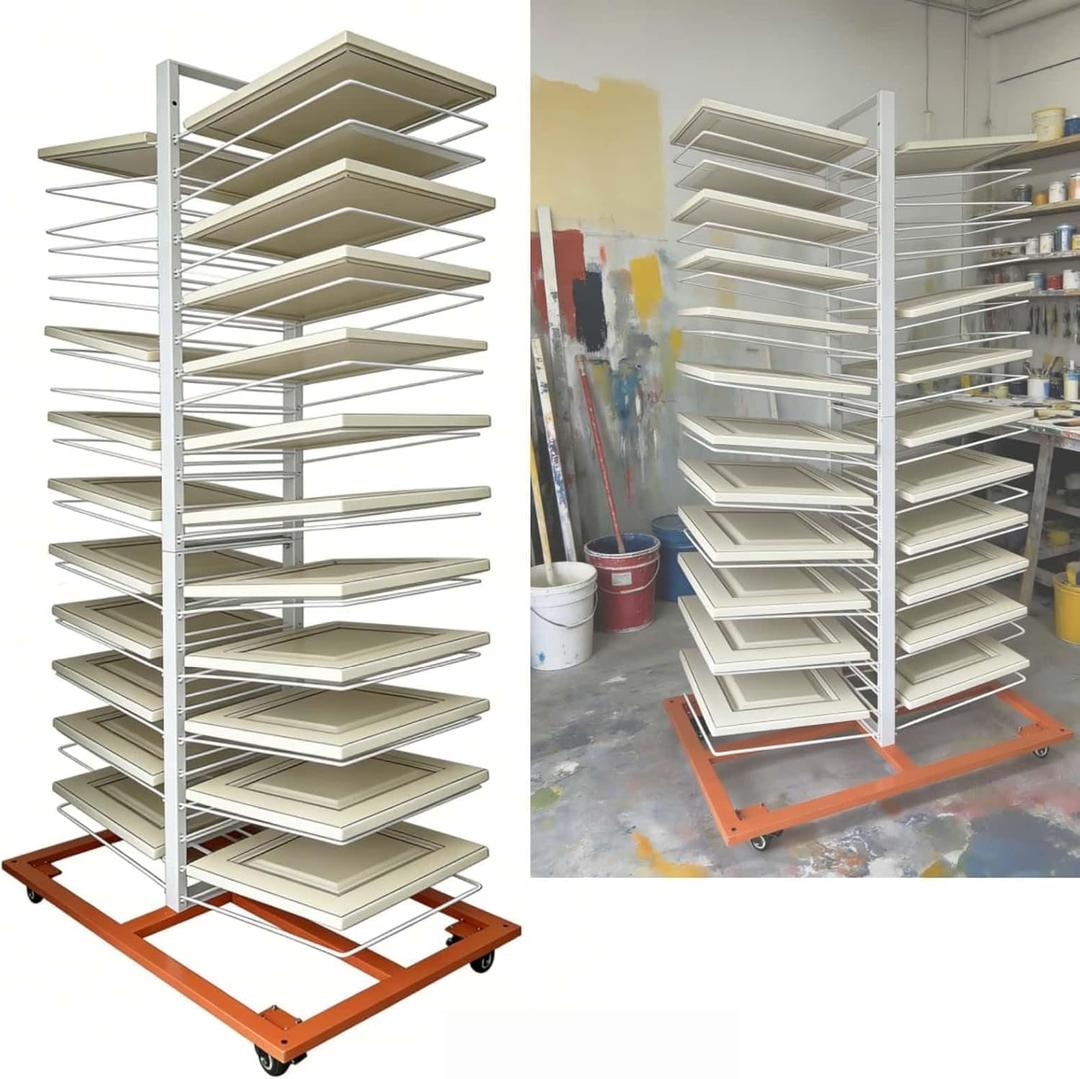 50 Shelves Heavy duty Paint Drying Rack with 4 Locking Casters, Anti-Slip Shelves, 2.1" Shelf Spacing, Space- Saving, 25lbs Shelf Capacity Per Level, Cabinet Drying Rack for Full-Size Doors &Cabinet