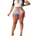 Womens Denim Shorts Summer High Waisted Tassels Jean Casual(Cyan+Yellow, S) (Pink)
