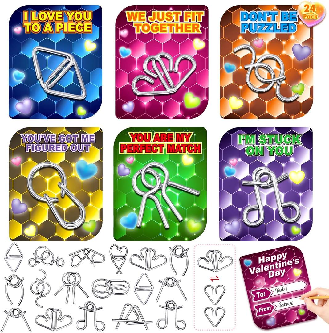 24 Pack Valentine Cards for Kids with Metal Brain Teaser Puzzles,Kids Valentines Day Gifts for School,Valentines Day Party Favors,Classroom Exchange Gift,Fidget Toys Bulk,Classroom Prizes