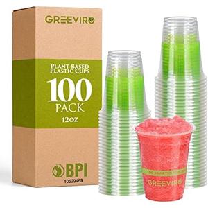 GREEVIRO Eco Compostable Plant-Based Clear Plastic Cups 12oz Thick, Reusable, Disposable Iced Coffee Cups for Smoothies, Beer & Any Beverages for Parties, Weddings & Gatherings