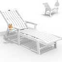 THOEOE Patio Chaise Lounge Chair, Lounge Chair Outdoor with 5 Positions, HDPE, Patio Lounge Chair with Wheels & Cup Holder for Pool, Deck, Poolside,White