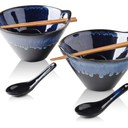 KOOV Porcelain Japanese Ramen Bowls with Chopsticks and Spoons, 26 Ounce, Deep Pho Bowl, Reactive Glaze (Blue Galaxy), Set of 2