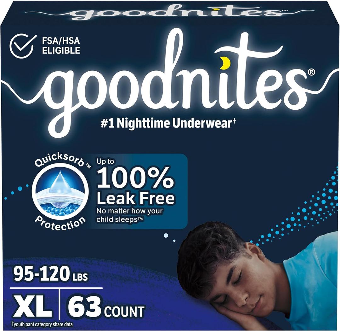 Goodnites Boys' Nighttime Bedwetting Underwear, Size Extra Large (95-120 lbs), 63 Ct (3 Packs of 21), Packaging May Vary Goodnites Boys' Nighttime Bedwetting Underwear, Size Extra Large (95-120 lbs), 63 Ct (3 Packs of 21), Packaging May Vary