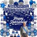 Retirement Party Decorations Blue Silver Happy Retirement Decorations for Men Women, Happy RetIrement Banner, Retired Backdrop, Balloons, Pompoms, Hanging Swirls, Retired Cards, Cake Toppers Set 54pcs