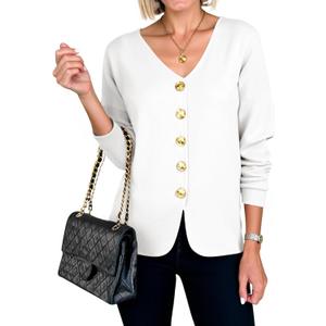 Cicy Bell Womens Button Up Cardigan Sweaters Blazer Trendy Lightweight V Neck Long Sleeve Sweater Tops (White, S)