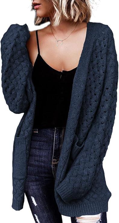 Womens 2023 Plus Size Open Front Knit Sweater Long Sleeve Outerwear Coats Casual Long Cardigans with Pockets S