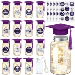 Boao 16 Sets Graduation Table Decoration Set with LED Light up Graduation Decorations for Class of 2026, Grad Jar, Felt Grad Hat and Stickers for High School College(Purple,Vivid)
