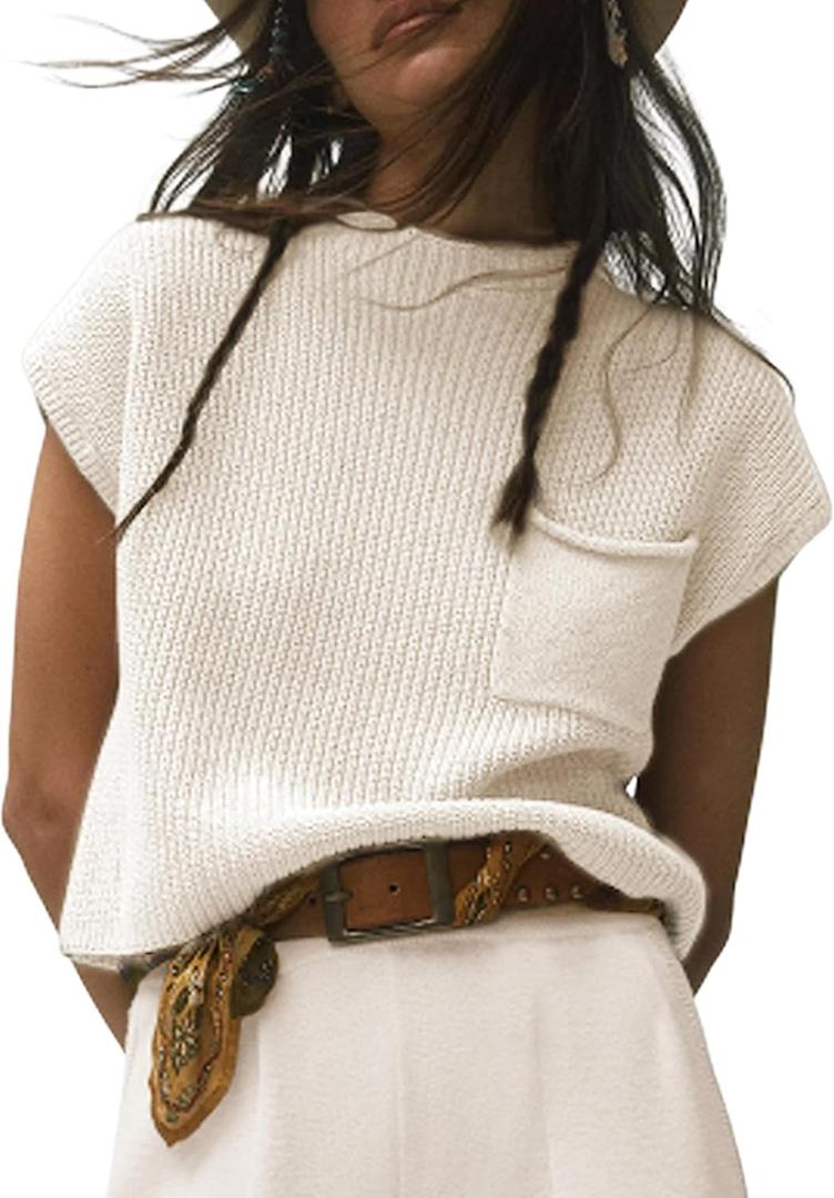 Fiona Jolin Women's Sleeveless Knit Sweater Vest Vintage Cap Sleeve Casual Mock Neck Tank Top with Front Pocket (White) S