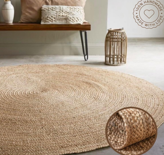 FRELISH DECOR Handwoven Jute Area Rug - 6 feet Round - Natural Yarn - Rustic Vintage Beige Braided Reversible Rug - Eco Friendly Rugs for Bedroom - Kitchen - Living Room - Farmhouse (6' Round)