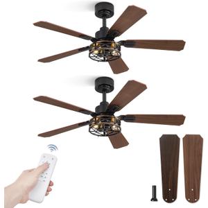 Fanbulous 2 Pack 42 Inch Rustic Caged Ceiling Fan with Lights, Black Farmhouse Ceiling Fans for Bedroom Living Room, Double-Sided 5 Blades Rustic Ceiling Fan (Black and Walnut)