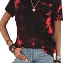 SOFIA'S CHOICE Women's Crewneck Tie Dye Shirts Fitted Short Sleeve Casual Summer Tee Tops Red Black Small 