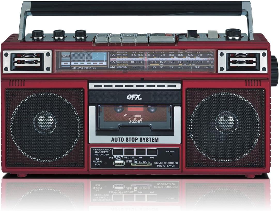QFX J-220BT Red Boombox MP3 Conversion from Radio to Cassette with 4-Band (AM, FM, SW1, SW2) Radio with Bluetooth, Dual 3 Speakers, Built-in Microphone, Recorder, and a 3-Band Equalizer