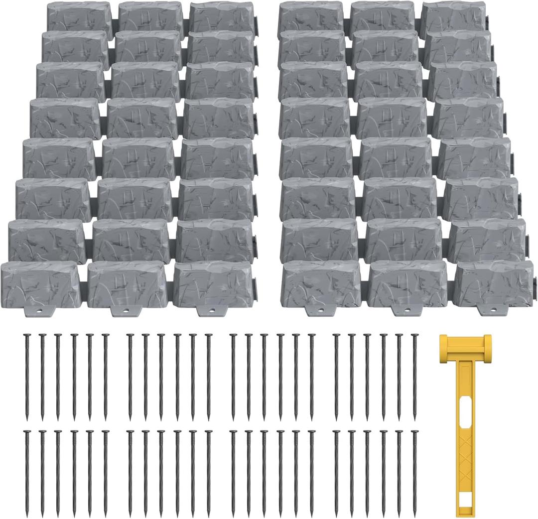 16 Pack(24FT) No Dig Landscape Edging with 48 Spikes,3 Inch Tall Stone Gray Faux Stone Edging for Landscaping,Garden,Flower Beds,Grass,Yard,Paver,Pathway Decorative Fence