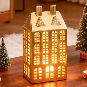 DN DECONATION Christmas Village House Decorations Lighted, Gold Ceramic House Decor, Christmas Town Building Figurines with Lights, Winter Decor for Table Centerpiece Xmas Gifts (set of 1)