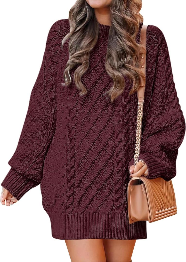 ANRABESS Womens Sweater Dress Oversized Cable Knit Chunky Long Sleeve Short Dresses 2025 Fall Outfits Vacation Winter Clothes (Small, Wine Red)