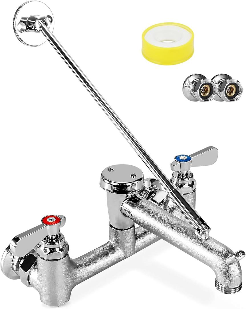 Commercial Mop Sink Faucet Service Sink Faucet with 6-1/2" Vacuum Breaker Spout, Wall Mount 8" Adjustable Center, with 3/4" Hose Thread, Pail Hook, Chrome-Plated for Utility, Laundry, Garden