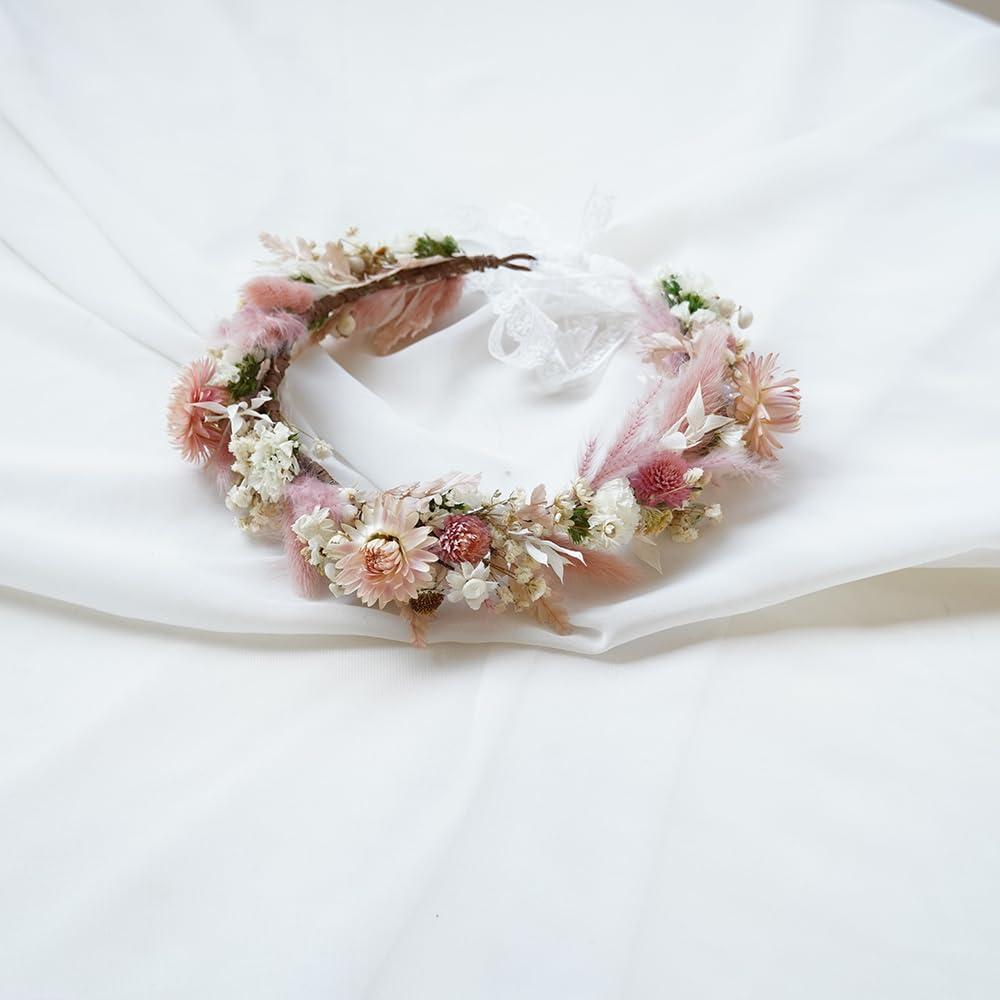 DXXD edding dried flower crown/Boho bride crown/Pink dried flower crown/Daisy dry grass crown (Bridal Set)
