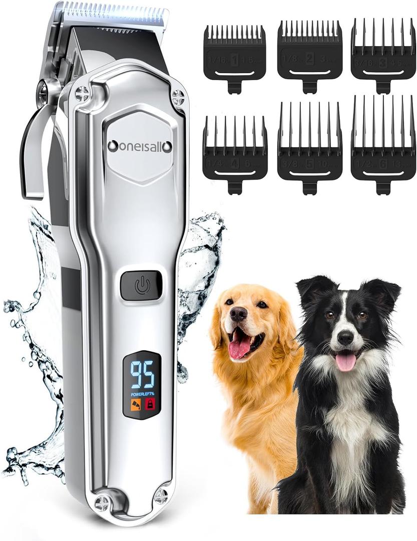 oneisall Dog Clippers for Grooming for Thick Heavy Coats/Low Noise Rechargeable Cordless Pet Shaver with Stainless Steel Blade/Waterproof Dog Shaver for Dogs Pets and Animals (Sliver) (A Stainless Steel)