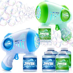 JOYIN 2 Kids Bubble Guns with 4 Bottles Solution, Automatic Bubble Machine Gun with 8 Holes for Kids, Adults, Summer Toys, Easter Basket Stuffers, Birthday Gift, Party Favors (Green, Blue)