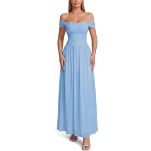 Summer Formal Wedding Guest Off the Shoulder Maxi Dress Women 2026 (Blue, L)