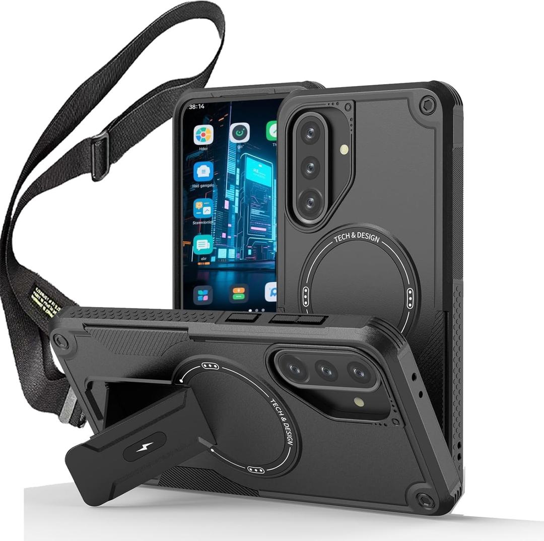 Ysnzaq Crossbody Lanyard Case for Samsung Galaxy A25, Heavy Duty Shockproof Protective Cover with Magnetic Bracket for Galaxy A25, DJ Carbon Black