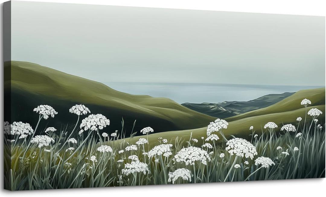 SLYCAY Large Neutral Coastal Landscape Wall Art for Living Room, White Flowers Meadow Green Seascape Oil Paintings, Nature Rustic House Decorations Bathroom Bedroom Office Artwork Pictures 24"X48"