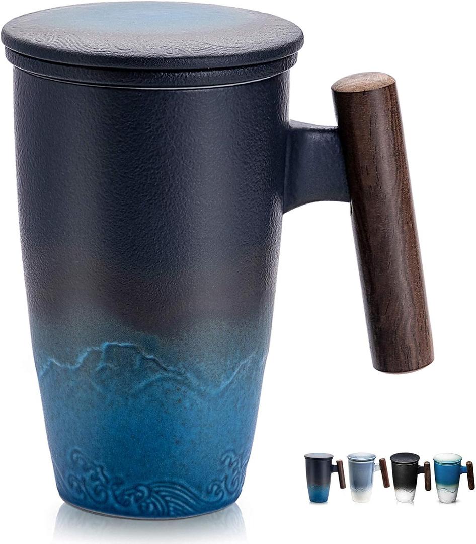Suyika Tomotime Ceramic Tea Cup with Infuser and Lid Tea Mugs Wooden Handle 400ml/13.5oz Black cyan (01-Black & Blue)