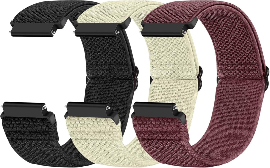 Compatible with 16mm 18mm 19mm 20mm 22mm 24mm Watch Bands Quick Release Replacement Wristband,Adjustable Stretchy Nylon Solo Loop Straps Fabric Braided Sport Elastic Bands for Men Women (Black+Beige+Wine Red)