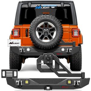 Nilight Rear Bumper with Spare Tire Carrier Compatible for 2018-2025 Wrangler JL JLU Unlimited2/4 Doors) 2" Hitch Receiver w License Plate Bracket 2 LED Lights D-rings