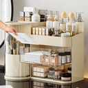White Rotating Makeup Organizer with Drawers - 360° Spinning Brush Holder, Top Tray for Cosmetics & Skincare, Countertop Vanity Storage 13.8" L x 8.3" W x 9.1" H