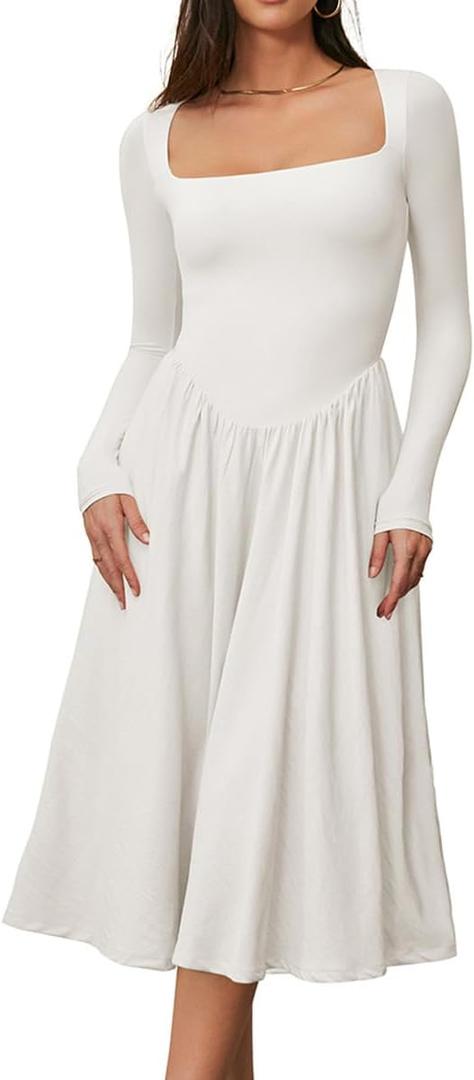 CHYRII Women Spring Fashion 2025 Square Neck Long Sleeve Casual A-Line Midi Dress (White), X-Small