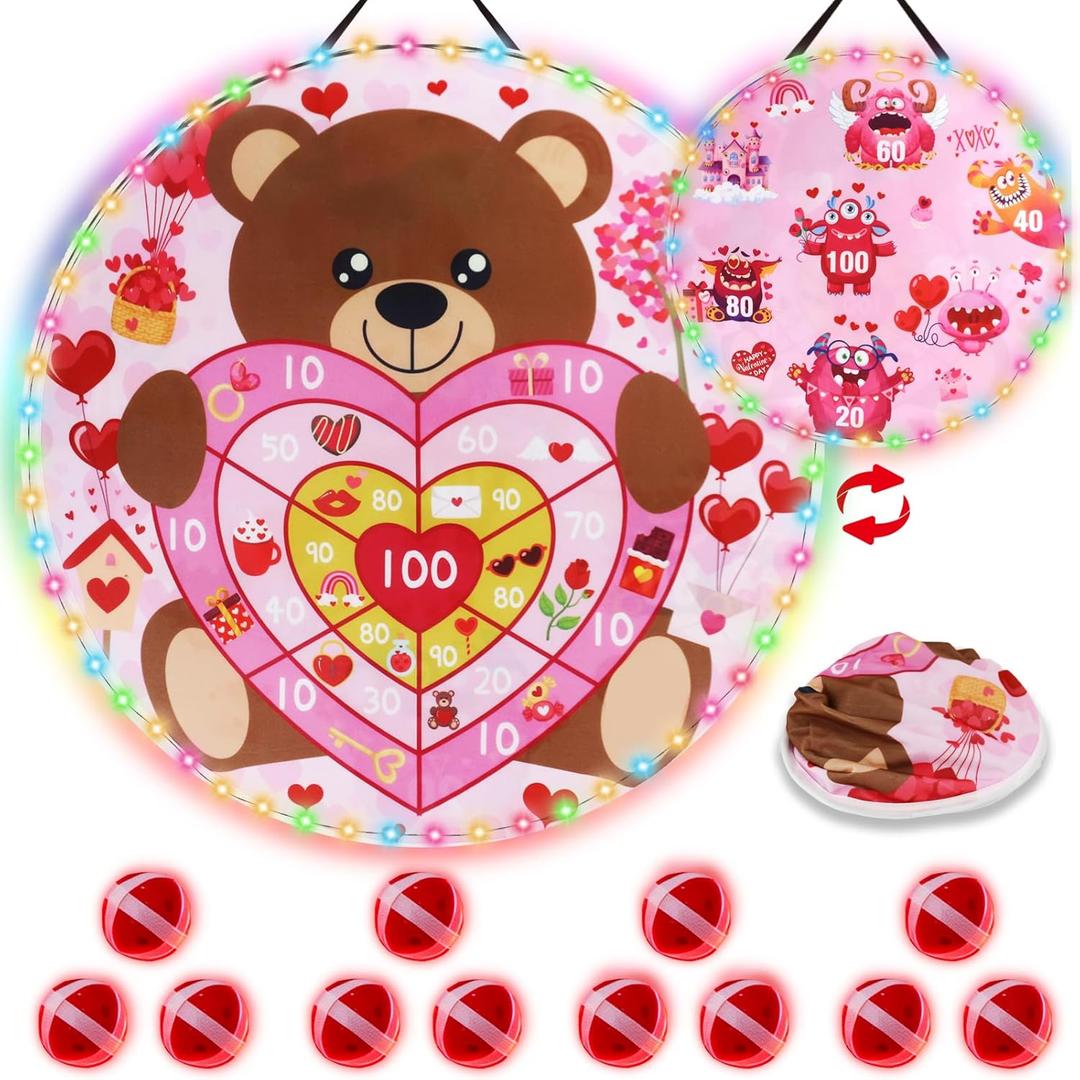 2 in 1 29" Large Valentine's Day Light Dart Board with Light Sticky Balls,Large Valentine's Day Bear and Monster Dart Board Game,Valentine's Day Party Supplies Indoor Outdoor Decor(Double Sided)