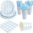 168Pcs Gingham Party Supplies for 24 Guests Thick Paper Plates and Napkins Knives Spoons Forks Cups Disposable Party Set Cutlery for Dinner Baby Shower Wedding Favor(Blue)