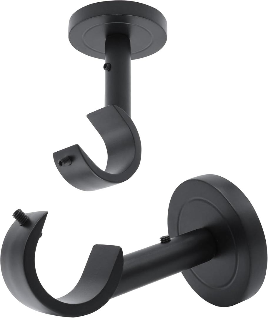 Curtain Rod Holders for Wall, 2 Pack Ceiling Mount Bracket Set, Hardware Bracket Kit for 1 Inch Rods, Wall and Ceiling Installation, Black Finish