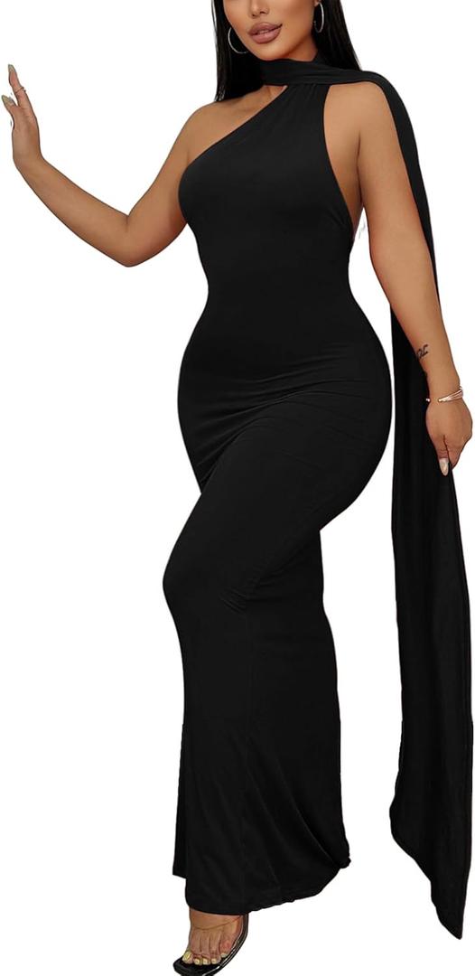 Sexy Elegant Evening Gown for Women Long Backless Formal Ball Gown Dress for Parties One Shoulder Maxi Cocktail Galas (Large, Black)