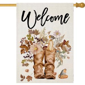Welcome Fall House Flags for Outdoor Decoration, Thanksgiving Boots with Maple Leaves Flowers Large Yard Flag, Decorative Autumn Seasonal Farmhouse Holiday Outside Decor 28x40 Inch Vertical Double
