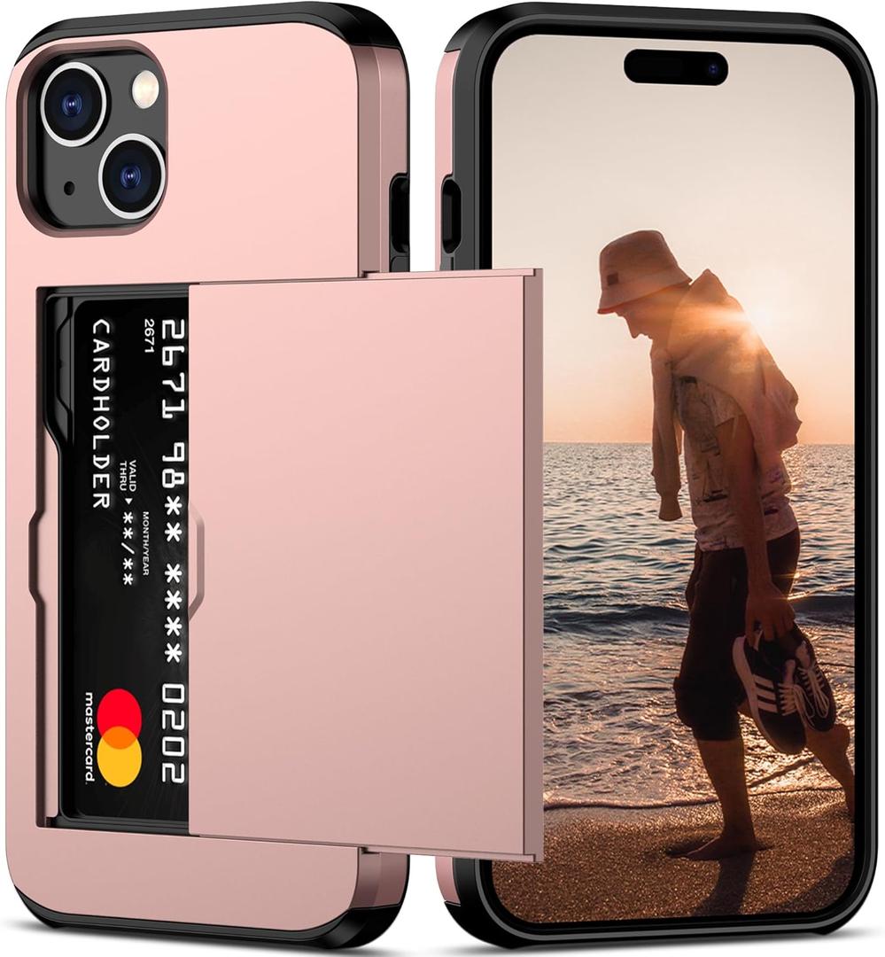 Nvollnoe Compatible with iPhone 15 Case with Card Holder Heavy Duty Protective Dual Layer Shockproof Hidden Card Slot Slim Wallet Phone Cover for Women&Men 6.1 inch(Rose Gold)
