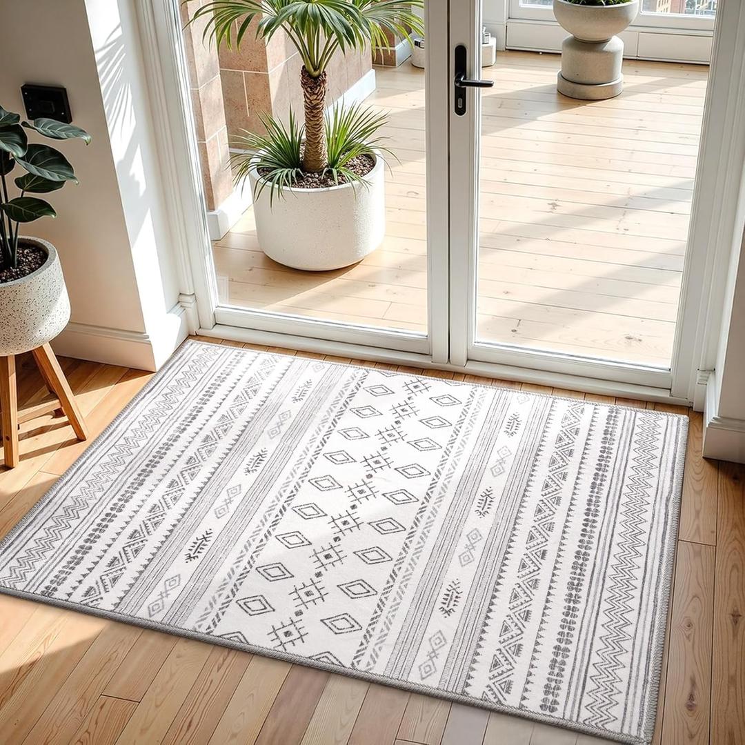 Terrug Boho Area Rug for Entryway, Grey 2x3 Washable Rugs with Non Slip Rubber Backing for Kitchen, Soft Geomtric Stain Resistant Small Carpet for Bedroom Bathroom Floor Decor
