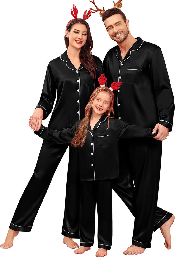 SWOMOG Family Matching Pajamas Set Satin Long Sleeve Button Down 2 PCS Pjs Pajama Top & Pants Holiday Sleepwear Set (Men Black XX-Large)