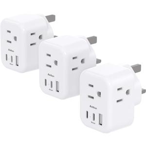 US to UK Plug Adapter 3 Pack, Addtam Type G Travel Plug with 3 Outlets 3 USB Ports(2 USB C), UK Power Adaptor for USA to England London British Ireland Scotland Dubai Hong Kong Kenya
