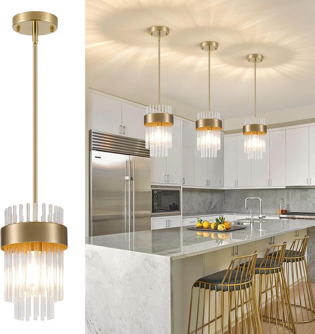 Dijiahua Gold Pendant Lights Kitchen Island 3 Pack,Modern Crystal Pendant Light Fixtures Over Table, Mini Brass Dining Room 1-Light Chandelier,Adjustable Cord Hanging Lamp for Bedroom,Hallway