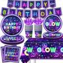Glow Neon Party Supplies Tableware Set, 142Pcs Let's Glow Birthday Party Decorations Include Neon Plates and Napkins,Cups,Glow Tablecloths for Neon Party Decorations, Serves 20