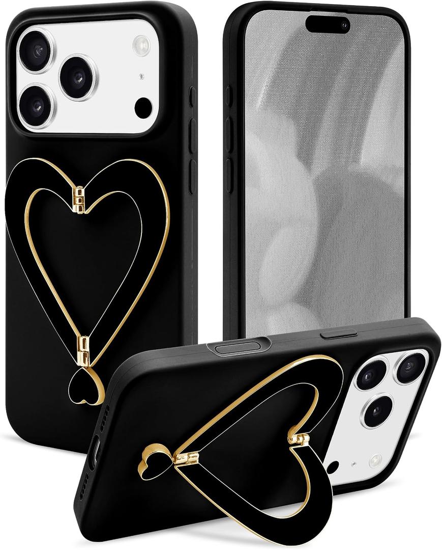 Jusy Case for iPhone 17 Pro Max, Cute Heart with 3D Heart Stand Slim Fit Liquid Silicone Soft Anti-Scratch Microfiber Lining Shockproof Protective Phone Cover for Girly Women Case - Black