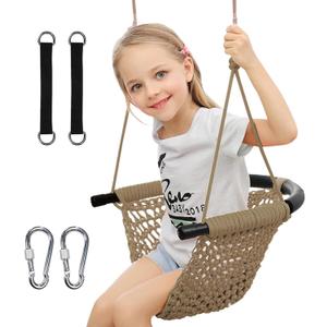 Hand-Knitting Toddler Swing, Swing Seat for Kids with Adjustable Ropes, Little tikes Swings Set, for Outdoor Indoor, Playground, Backyard (Light Brown)