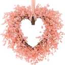 Aneco Valentines Day Heart Wreath 18 Inch Pink Artificial Floral Wreath with Ribbon Door Wall Window Hanging Decor for Wedding Anniversary Holiday