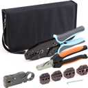 Coax Ratchet Crimping Tool Kit for Coaxial RG Cable RF Connector with 5 Changeable Jaws, Rotary Coaxial Cable Stripper and Cable Cutter Piler